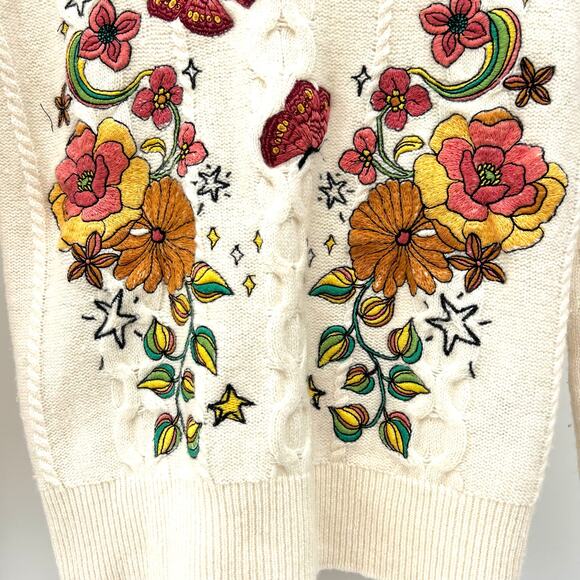Johnny Was Wonder Years Cable Knit Embroidered Sweater Wool Cashmere Small - Picture 9 of 11